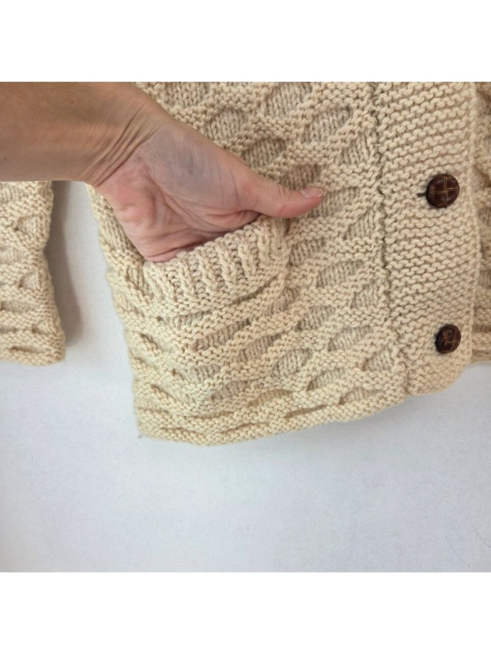 Kennedy of Adara 100% Wool Cream Fisherman Hand Knit Cardigan Sweater Ireland S - Picture 4 of 7